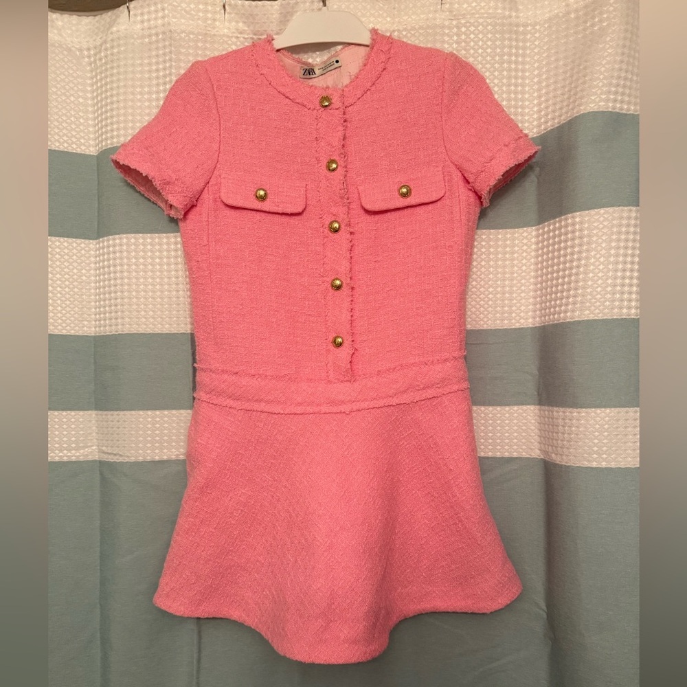Zara Women’s Pink Gold Buttoned Bouclé Tweed Dress w/ side pockets - XS